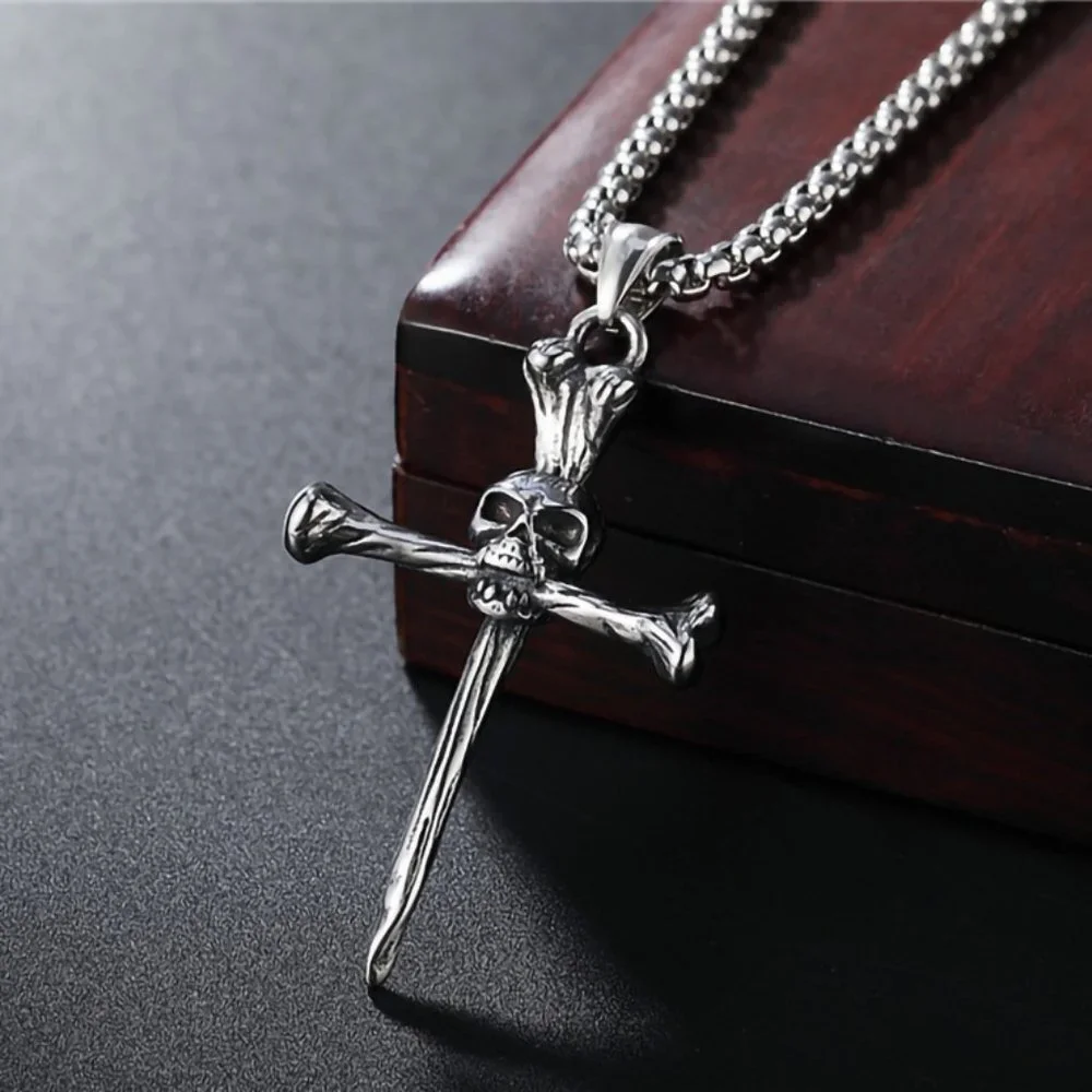 ❤️Style retro cast skull cross Halloween pendant necklace for men,N90201P…